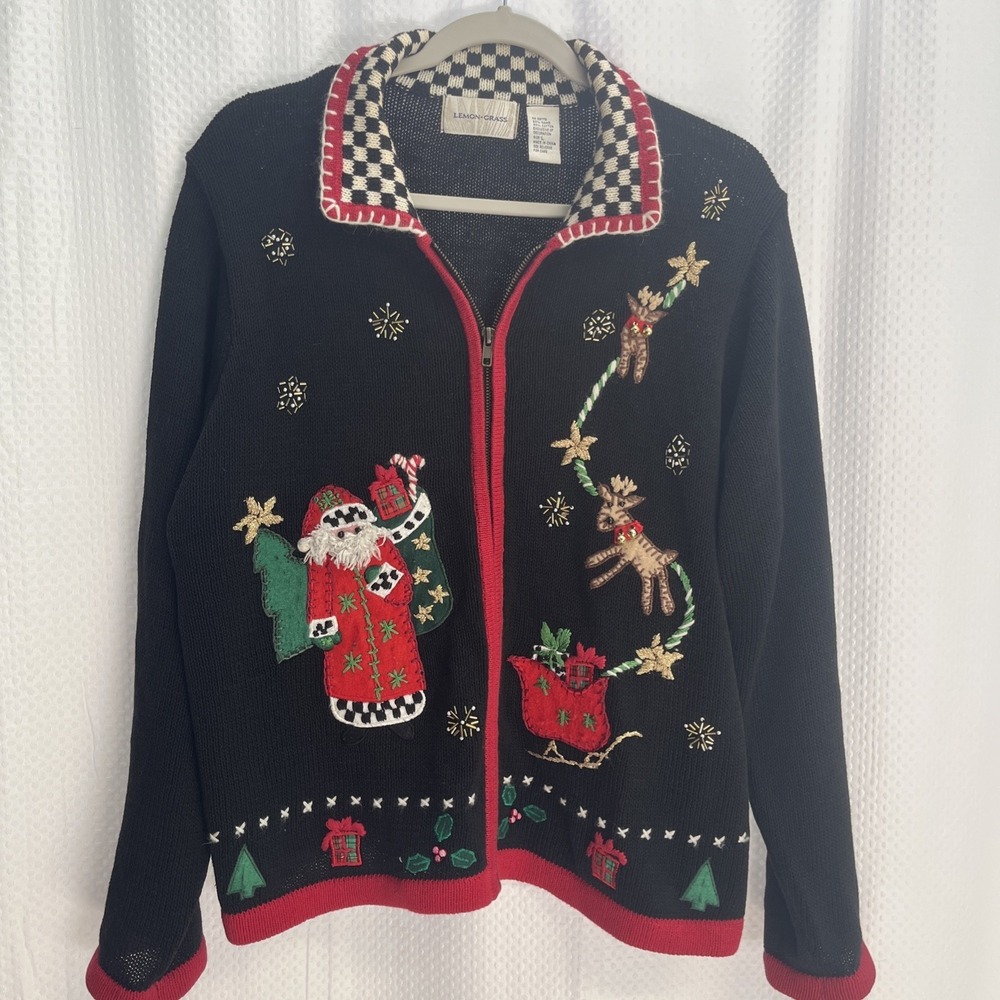 Lemon Grass‎ Vtg Full Zip Santa & Reindeer Christmas Sweater Large Jingle Bells